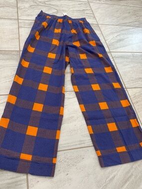 Anthropologie Porridge Preppy Plaid Wide Leg Pant Size M Pleated Orange Purple